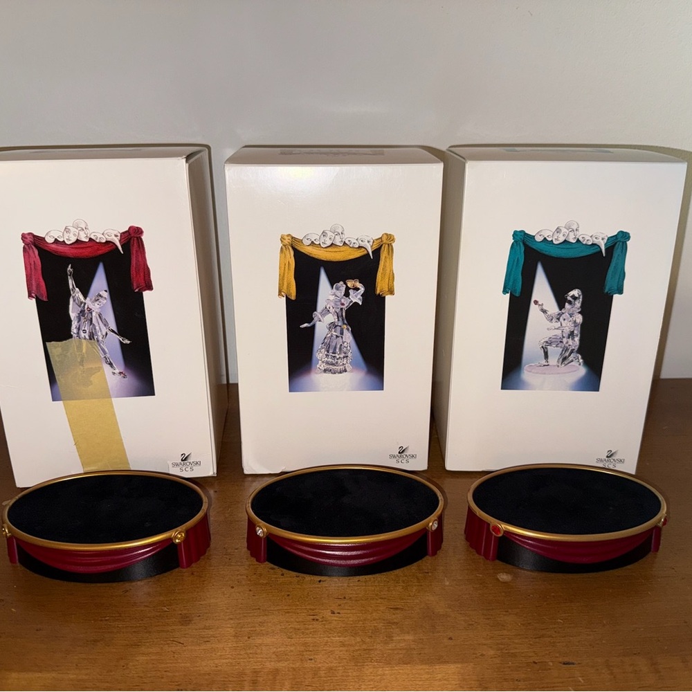 Swarovski Crystal Trilogy Masquerade 1999 2000 2001 set w/ plaque stands + boxes